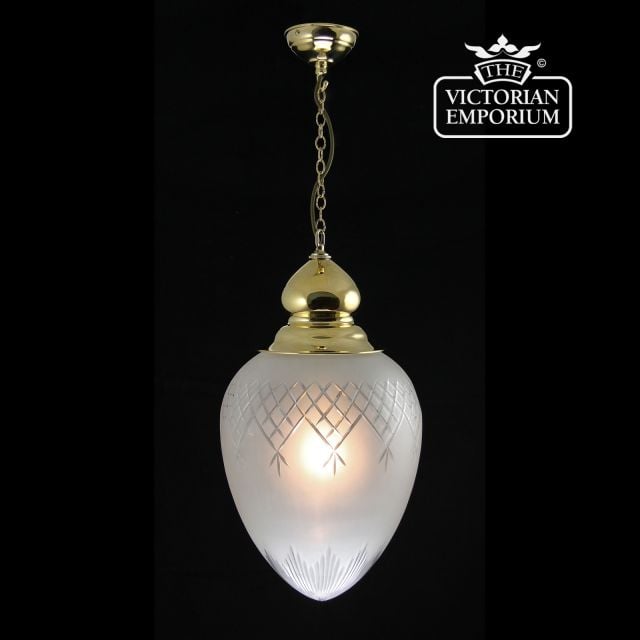 Large pineapple etched cut glass ceiling pendant with decorative finial