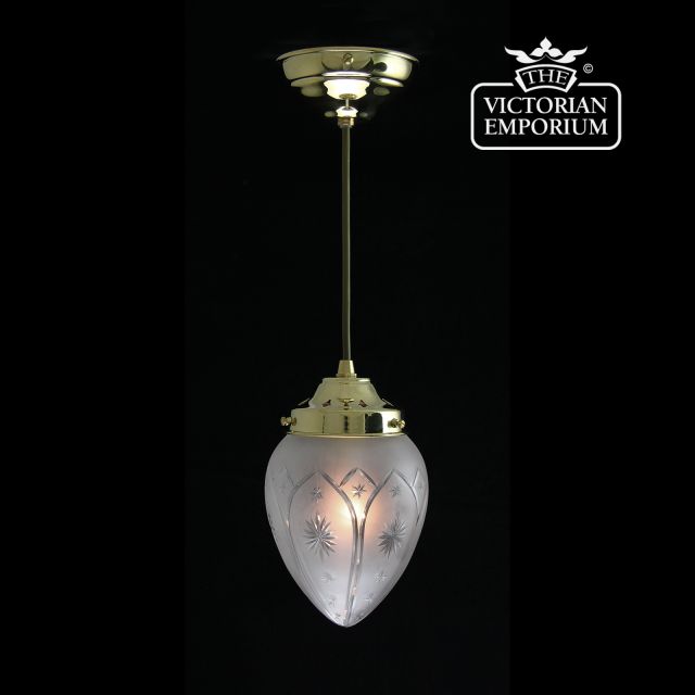 Star etched cut glass ceiling pendant with brass metalwork