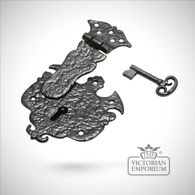 Black iron handcrafted highly ornate drawer lock