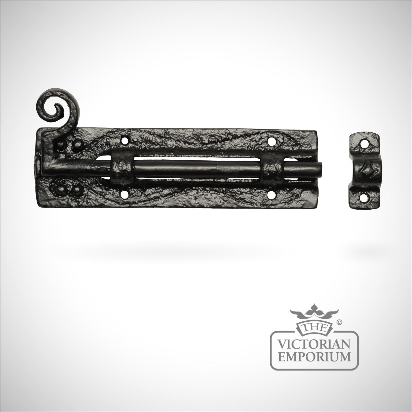 Black iron handcrafted plain door bolt with curly tail