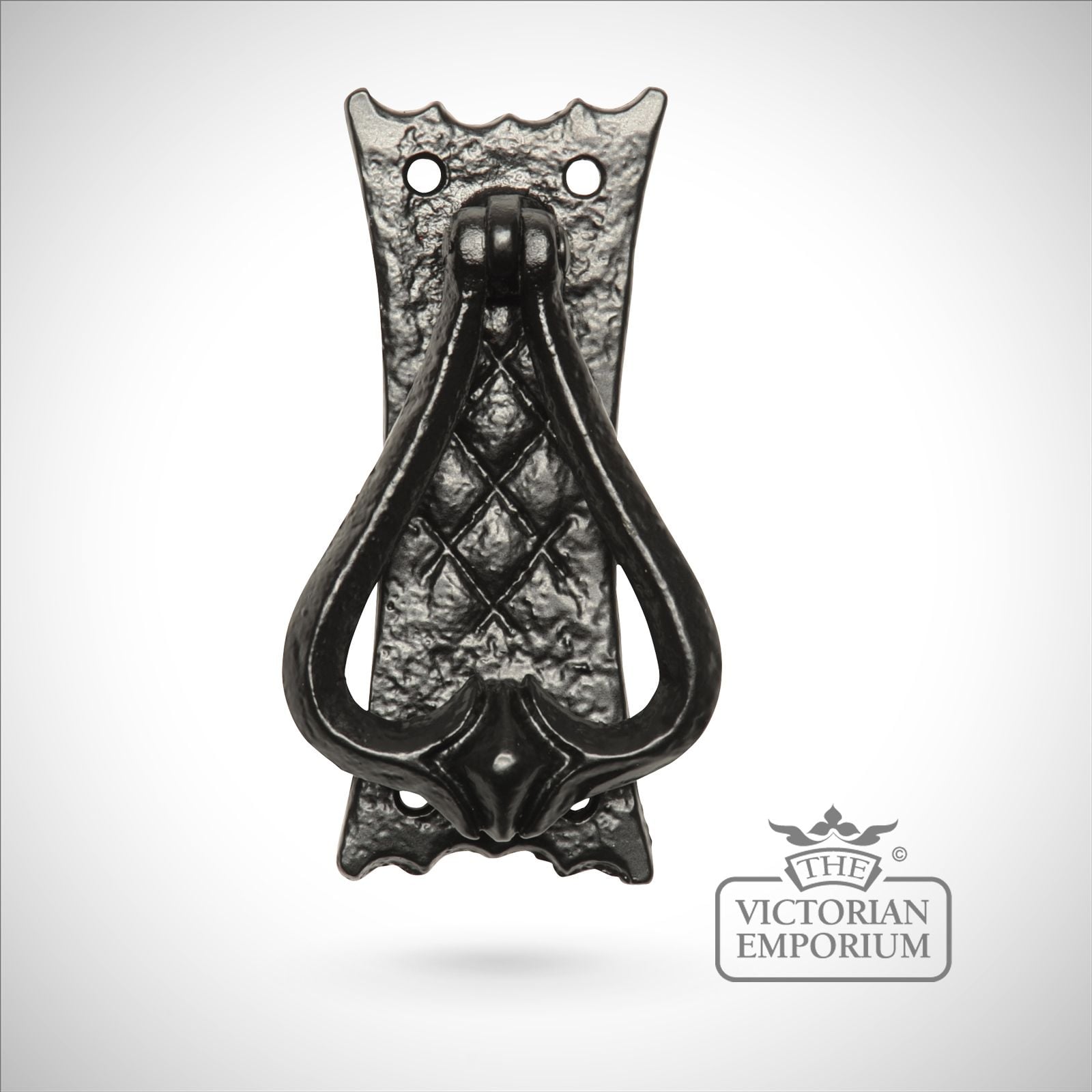Black iron handcrafted decorative door knocker with flat plate