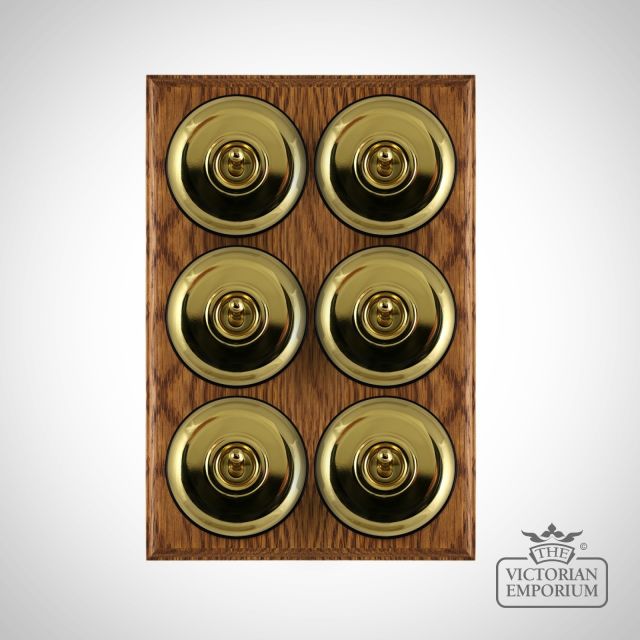 X6gang Toggle Period Light Switch Polished Brass Black Medium Oak