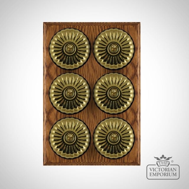 X6gang Toggle Period Light Switch Fluted Brass Black Medium Oak