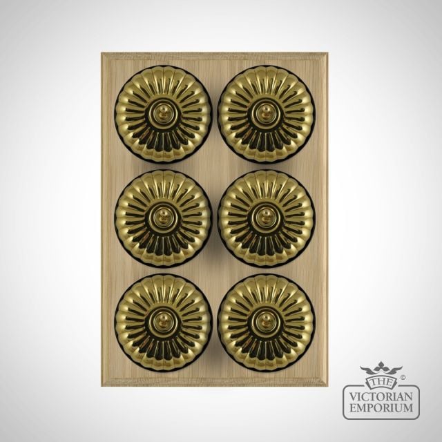 X6gang Toggle Period Light Switch Fluted Brass Black Natural Oak
