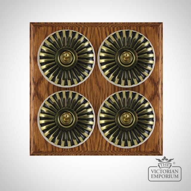 X4gang Quad Toggle Period Light Switch Fluteted Antique Brass White Medium Oak Base