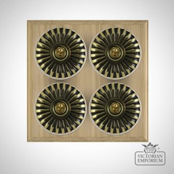 X4gang Quad Toggle Period Light Switch Fluteted Antique Brass White Natural Oak Base