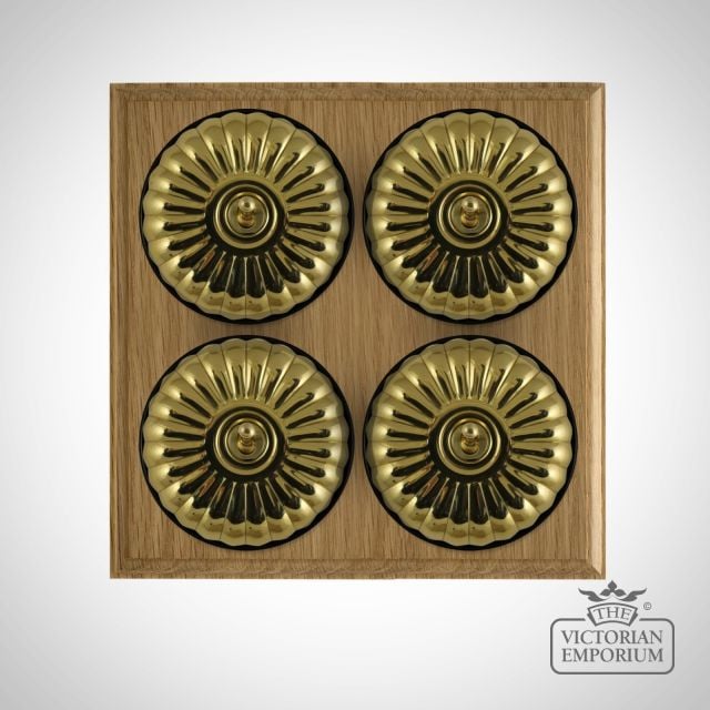 X4gang Quad Toggle Period Light Switch Fluteted Polished Brass Black Light Oak Base