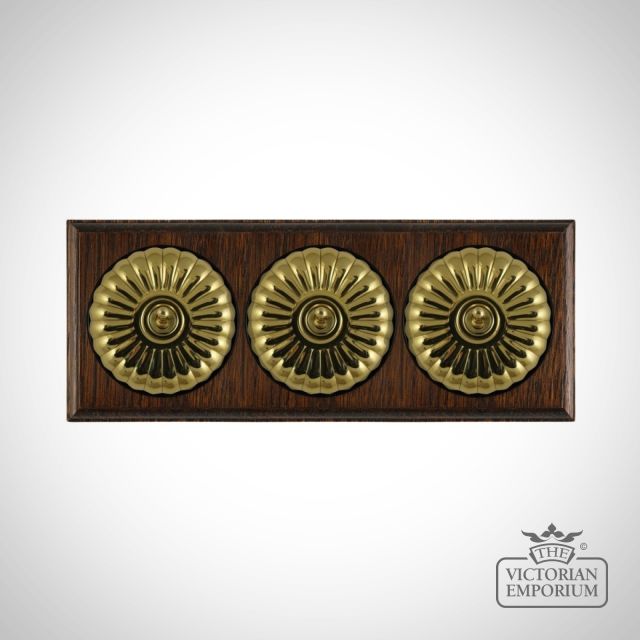 X3gang Tripple Toggle Period Light Switch Fluteted Polished Brass Black Dark Oak