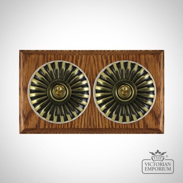 X2gang Double Toggle Period Light Switch Fluteted Antique Brass White Medium Oak Base