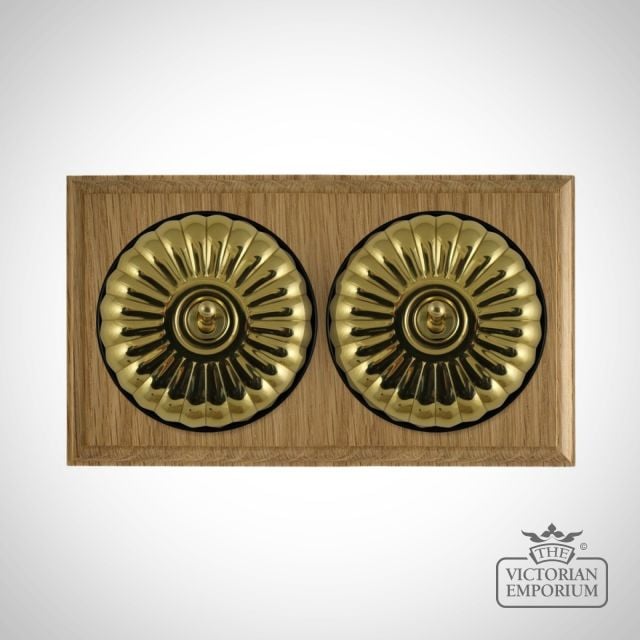 X2gang Double Toggle Period Light Switch Fluteted Polished Brass Black Light Oak Base