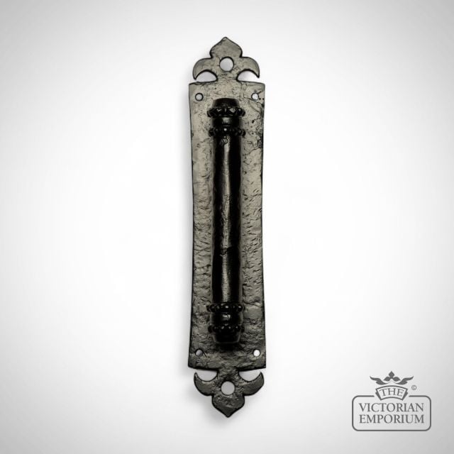 Black iron handcrafted door handle - 343mm plate