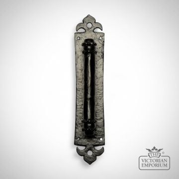 Black iron handcrafted door handle - 343mm plate