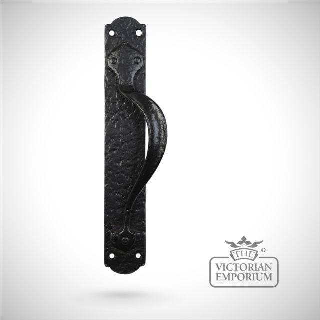 Black iron handcrafted door handle - 317mm plate