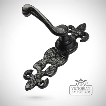 Black iron handcrafted ornate lever door handle - 159mm plate