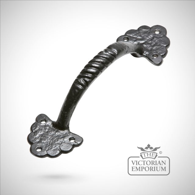 Black iron handcrafted decorative pull door handle with pretty flower edging