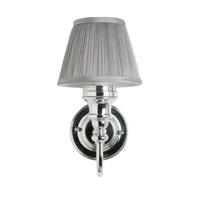 Classic bathroom light with chrome base, silver chiffon shade and finial