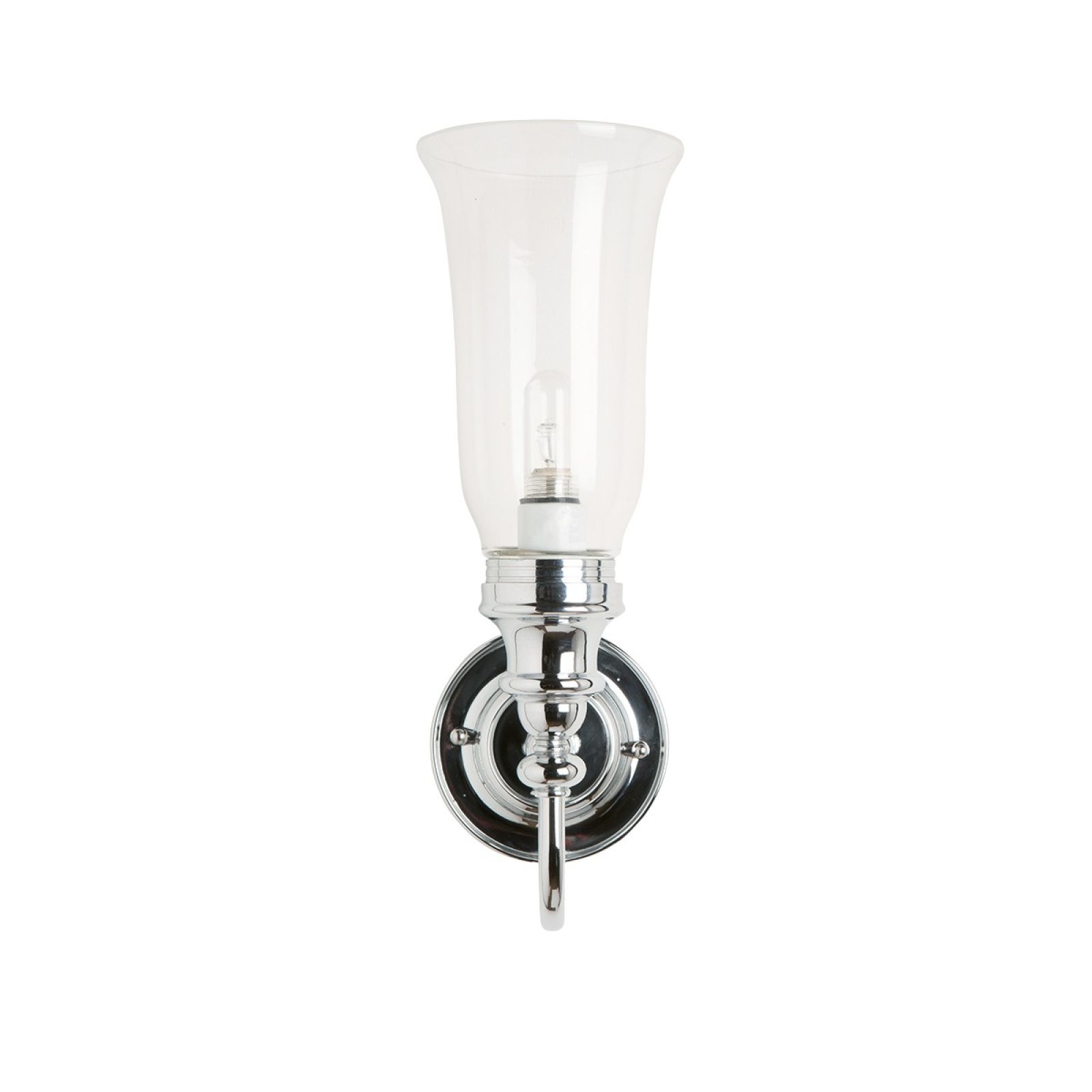 Clear vase shaped bathroom light with finial detail base