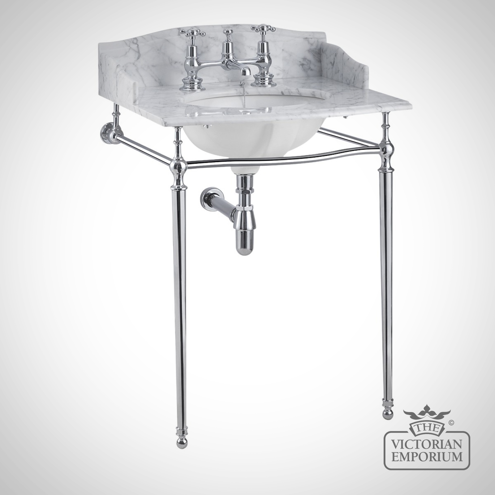 Classic Georgian style marble washstand top with inset basin and simple chrome stand