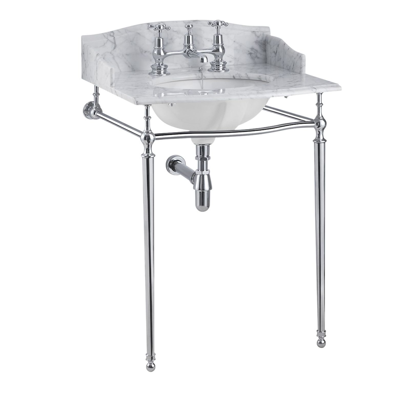 Classic Georgian style marble washstand top with inset basin and simple chrome stand