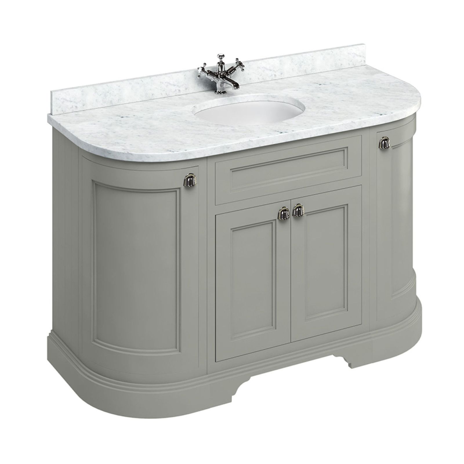 Freestanding 134cm wide curved Vanity Unit with Drawers, worktop and 1 inset basin