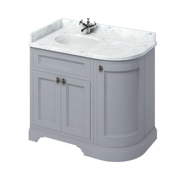 Freestanding 100cm wide curved corner Vanity Unit with Drawers, worktop and 1 inset basin