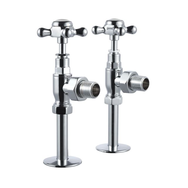 Angled heated towel rail valves in chrome