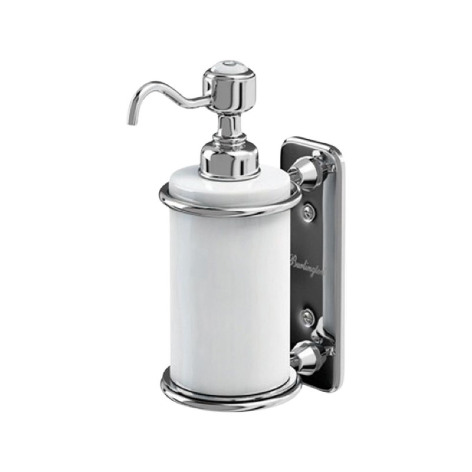 Chrome and porcelain wall mounted soap dispenser
