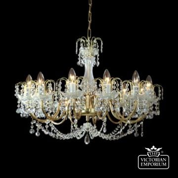 Sumptuous 12 Arm Gold Chandelier With Cast Arms And Delicate Crystal Chains