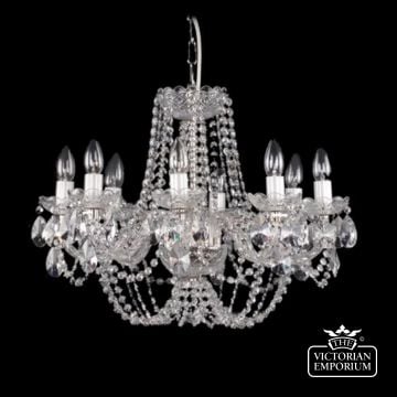 Very Traditional 8 Arm Chandelier With Crystal Chains And Oval-shaped Crystals