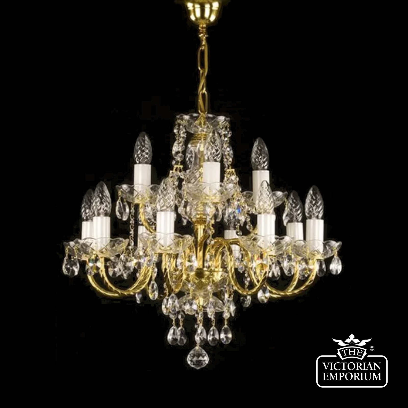 Adele 12 Arm Chandelier With Gold-rimmed Arms And Oval-shaped Crystals