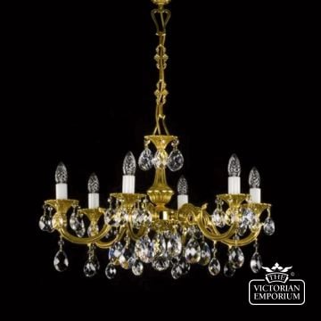 Alicia Cast 6 Arm Gold Chandelier - With Large Oval Shaped Bohemian Crystal Drops