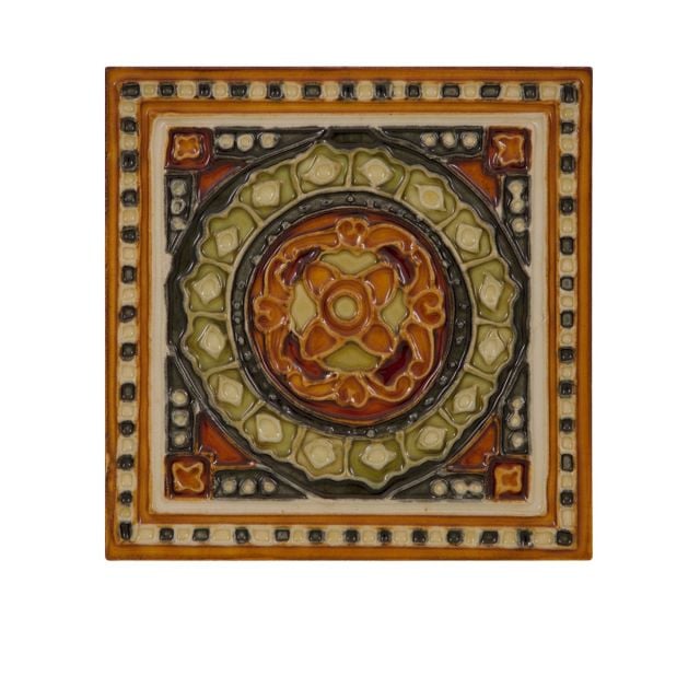 Fireplace tiles featuring symmetrical design in rich colours