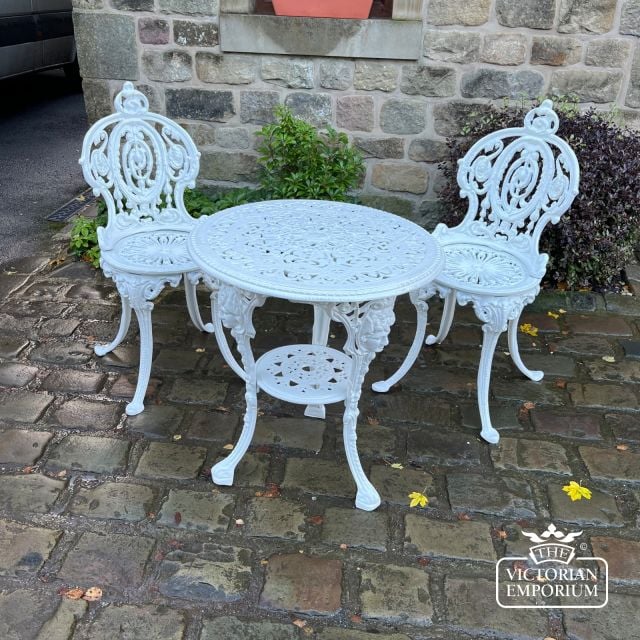 Victorian Cast Outdoor Garden Table With Lady's Head Design White Cast Chairs And Table2