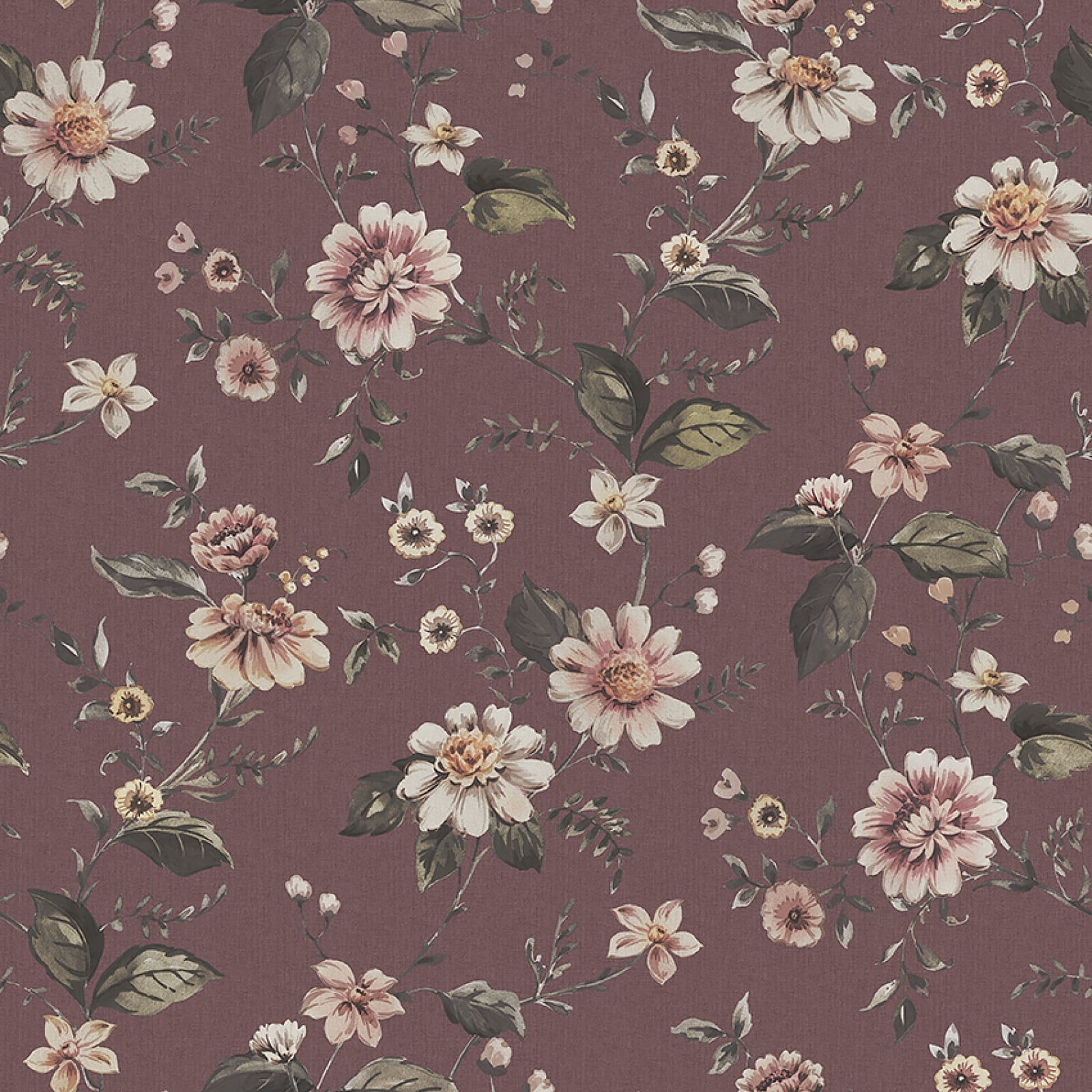Marion’s Flowers wallpaper with an aubergine, white or grey background