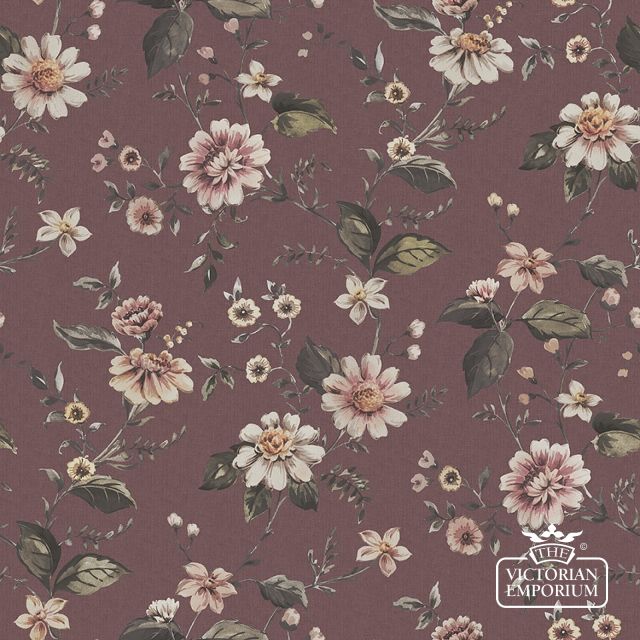 Marion’s Flowers wallpaper with an aubergine, white or grey background