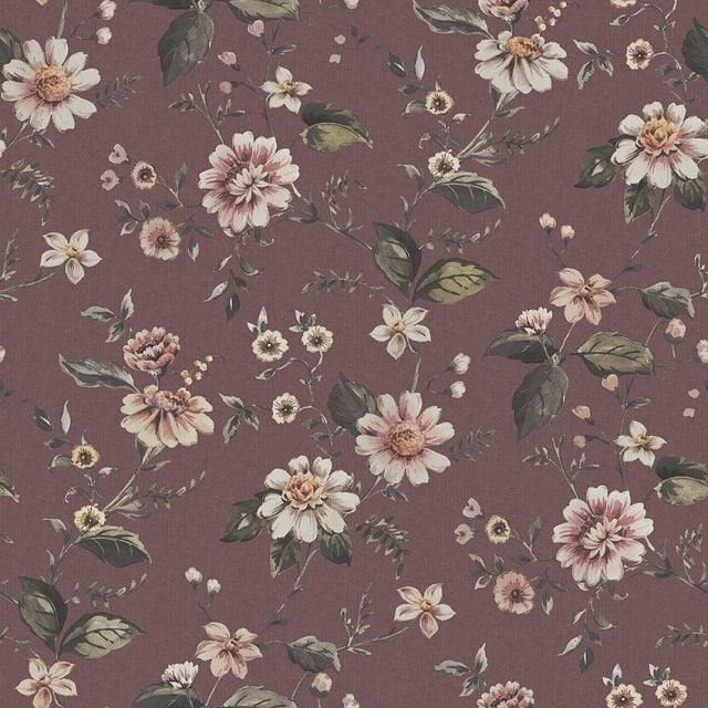 Marion’s Flowers wallpaper with an aubergine, white or grey background