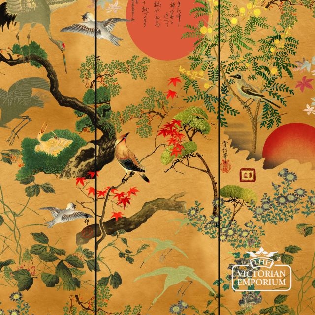 Byobu Metallic Wallpaper - featuring Japanese icons including the rising sun, cherry blossoms, maple and crane birds