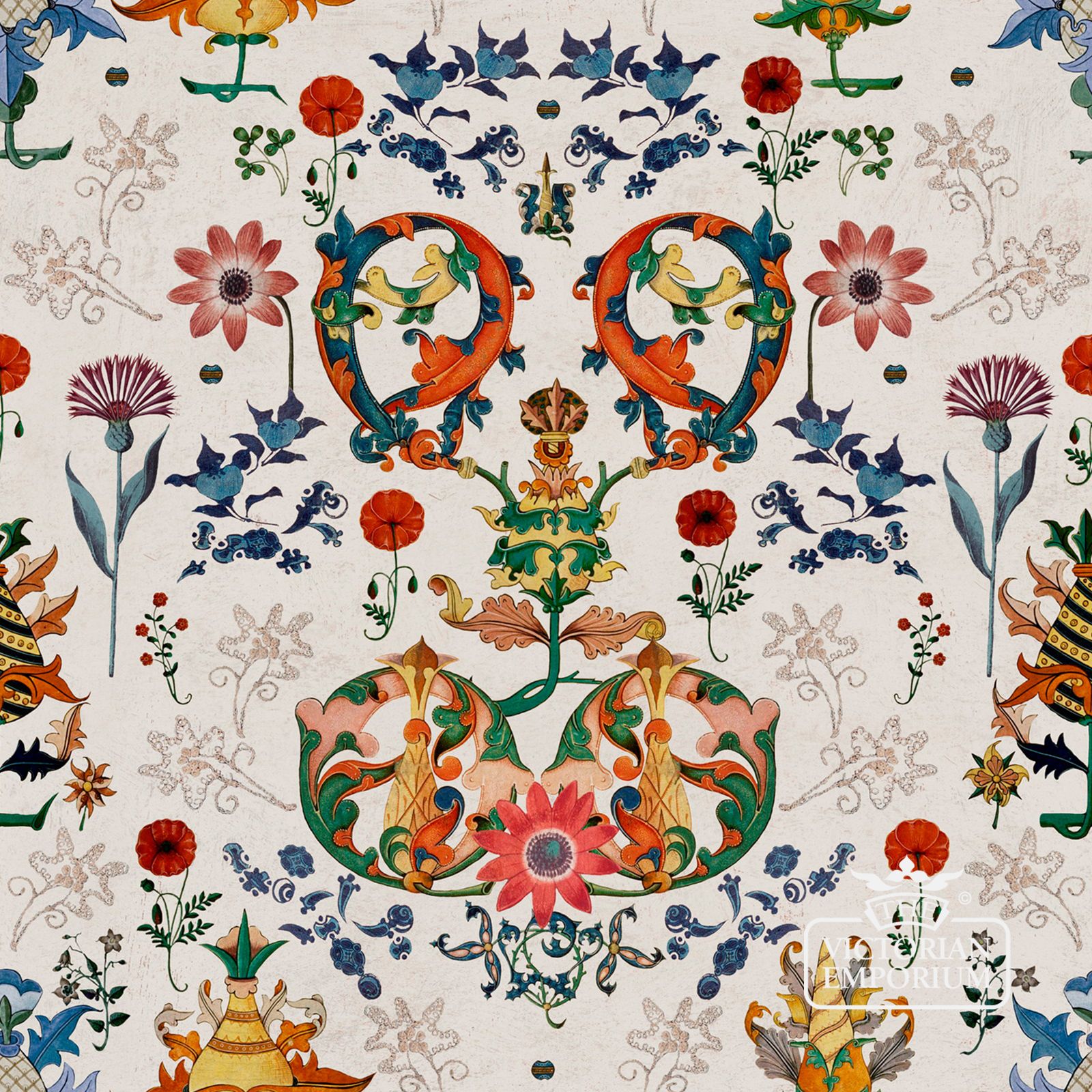 European Folk Wallpaper - featuring wild flowers and thistles with bold entwining foliage