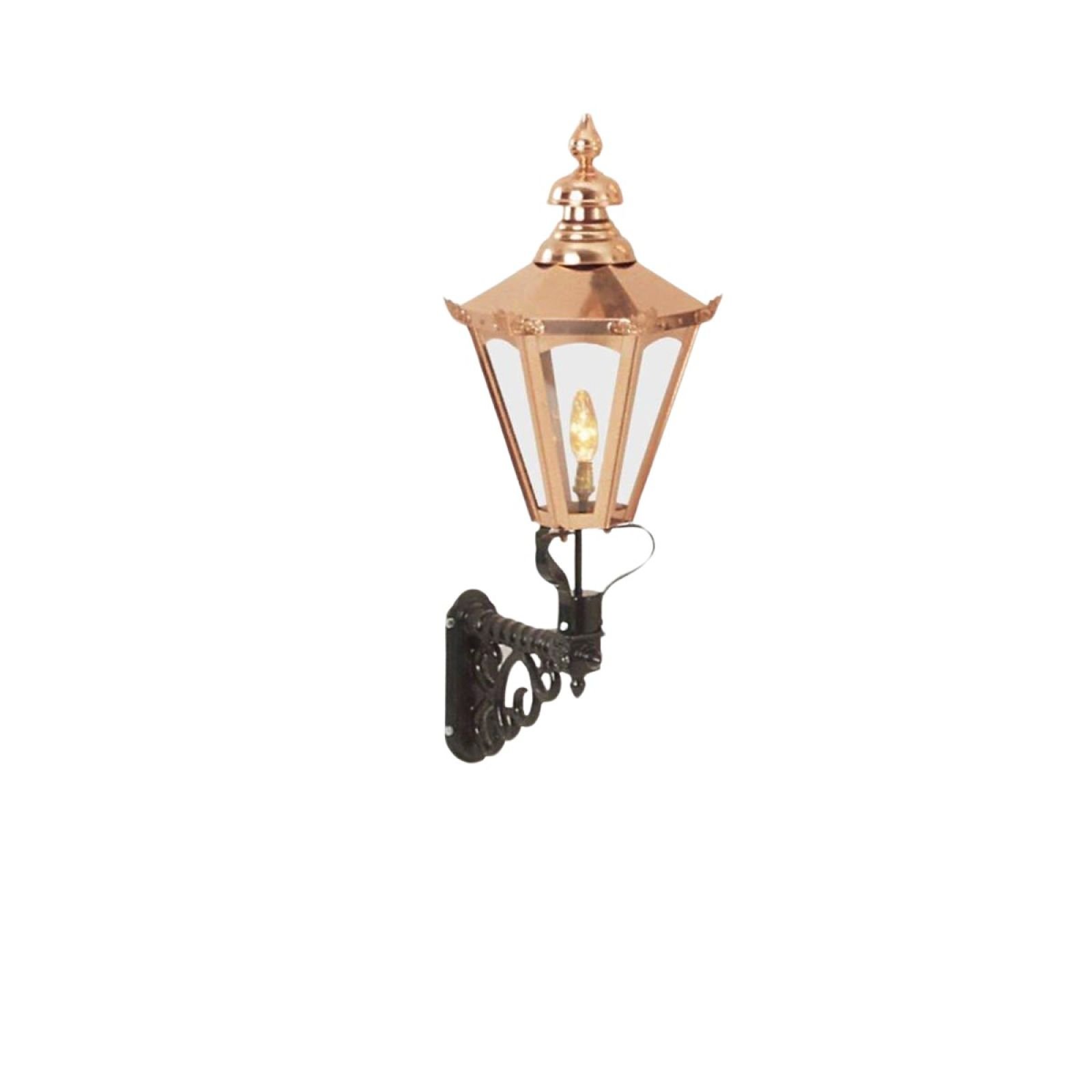 Medium hexagonal copper wall lantern with cast bracket