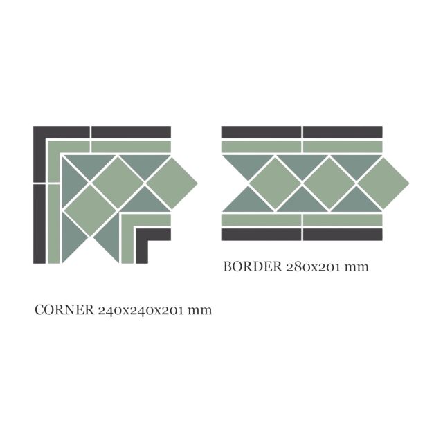 Melbourne Green Victorian Mosaic Floor Tiles Border and corner sheets for indoor and outdoor use