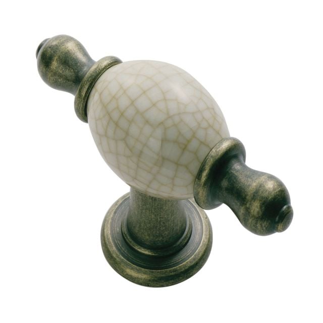 Antique pattern cupboard knob with finial ends, crackle glaze porcelain insert