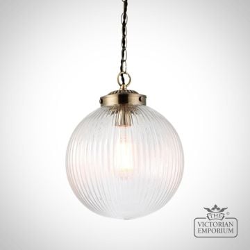 Ribbed Glass Globe Pendant Light in Antique Brass