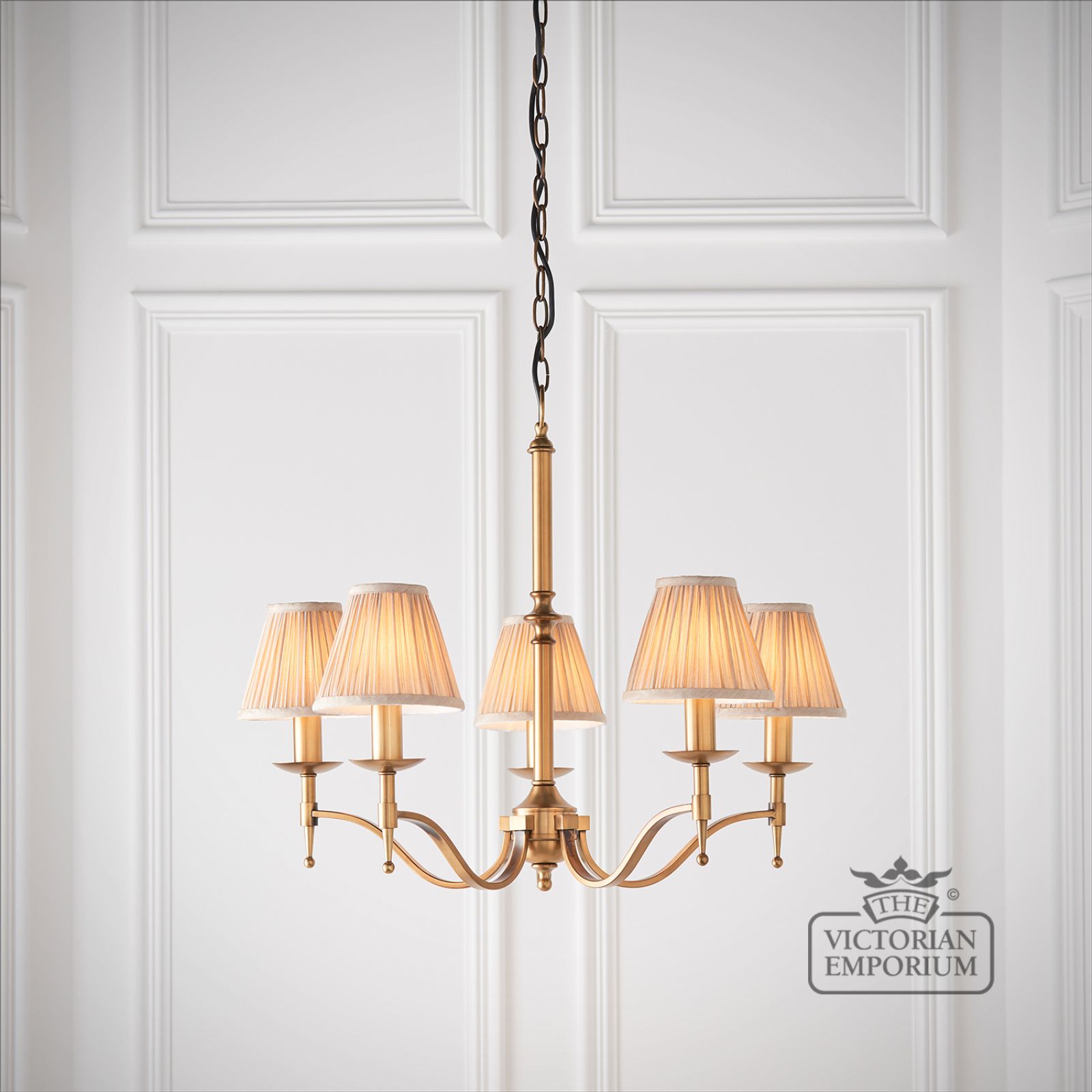 Stanford antique brass 5 light ceiling pendant with or without beige shades