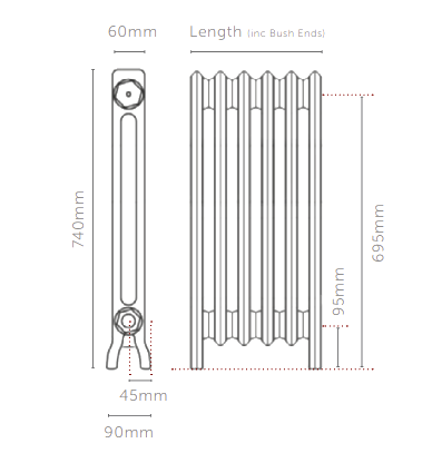 Georgia Radiator 2 Column 740mm High Dimensions